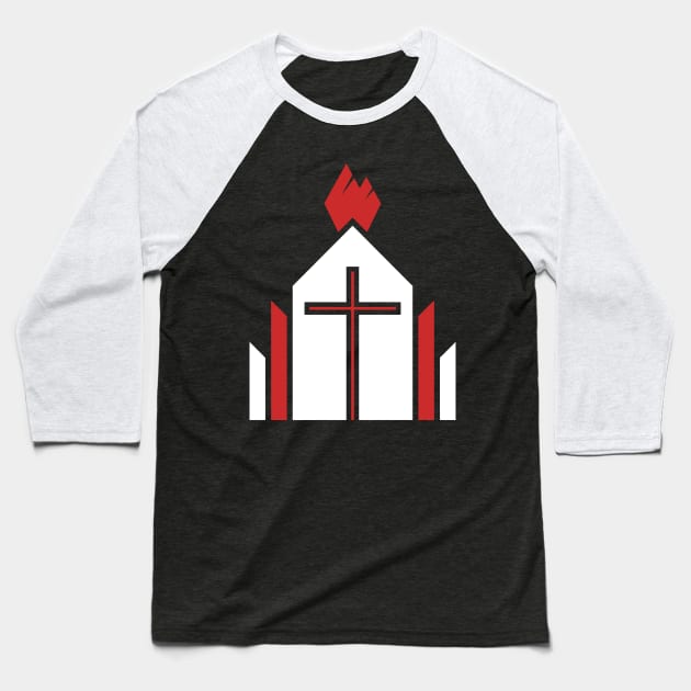 The cross of the Lord Jesus Christ on the background of the building, from above the flame of the Holy Spirit. Baseball T-Shirt by Reformer